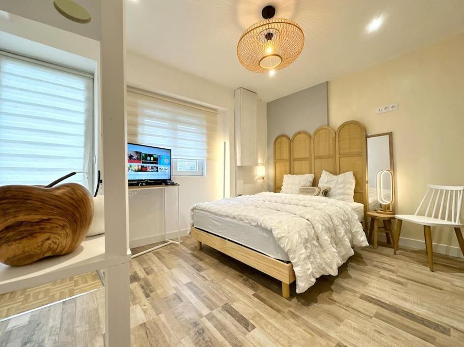 a bedroom with a bed and a television in it at Logement Entier au Centre Ville in Évreux
