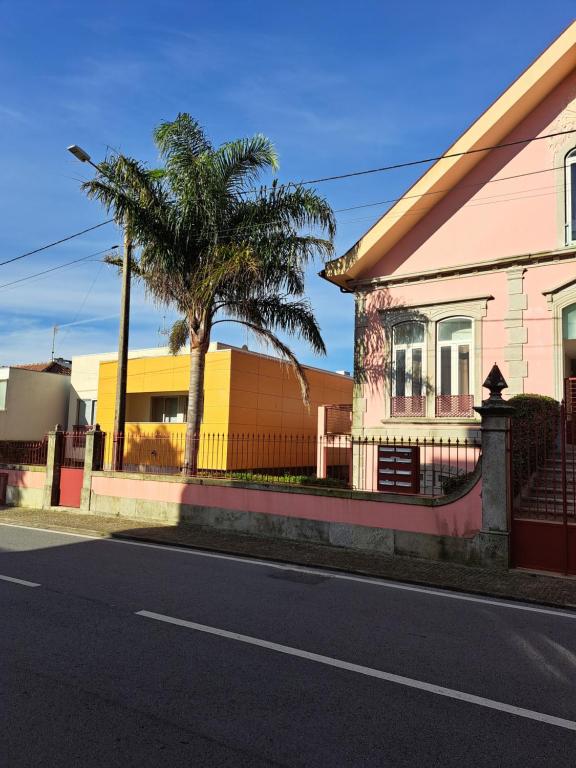 uma palmeira ao lado de uma casa com uma cerca em Casa Santana em Moledo
