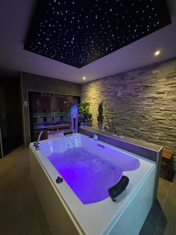 a purple bath tub in a bathroom with a stone wall at Bed & Wellness Chinel Luxe vakantiehuis met Sauna's en Bubbelbad in Sint Annaland