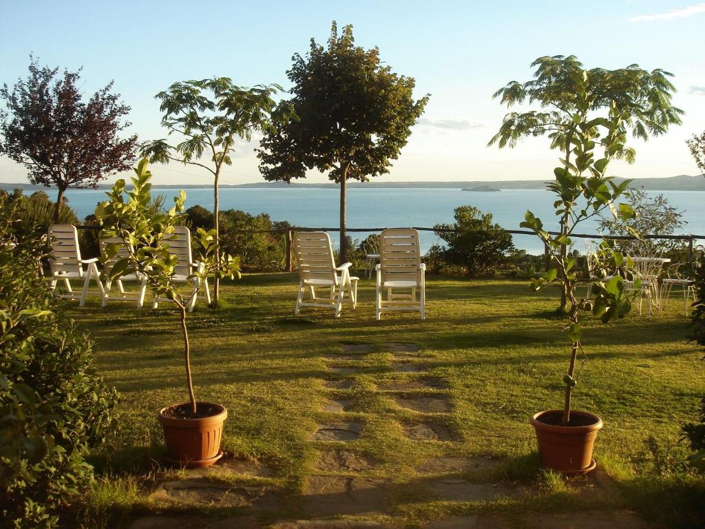 a group of chairs and trees in the grass at Agriturismo Belvedere in Bolsena