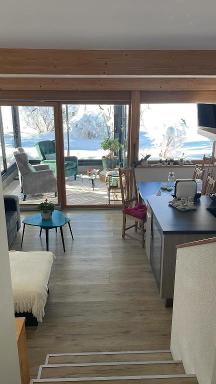 uma sala de estar com vista para o oceano em Chalet d'Ayral avec jardin privatif em Leysin