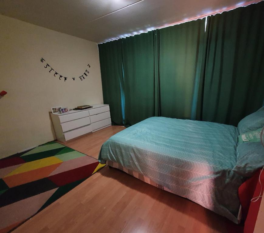 1 dormitorio con cama y cortinas verdes en Perl, en Ámsterdam