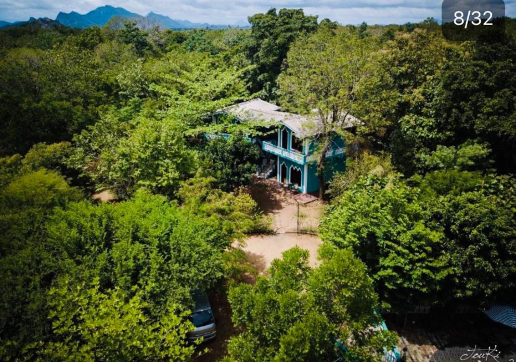 an aerial view of a blue house in the woods at The Green Heaven Resort in Sigiriya