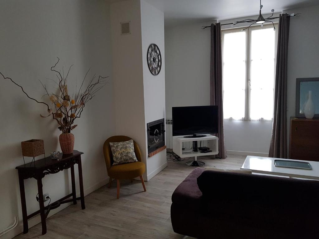 a living room with a couch and a tv at LA SALAMANDRE in Bordeaux