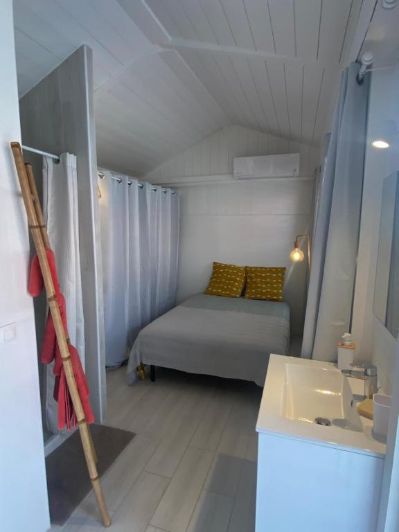Kleines Zimmer mit einem Bett und einem Waschbecken in der Unterkunft Herbergement typique créole in Fort-de-France