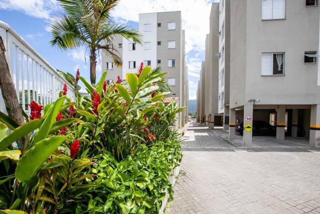 a row of plants and flowers in front of buildings at Apto em Ubatuba divisa com a Praia de Itagua e facil acesso as praias fica ao lado do Atacado Tenda na rodovia Rio Santos in Ubatuba