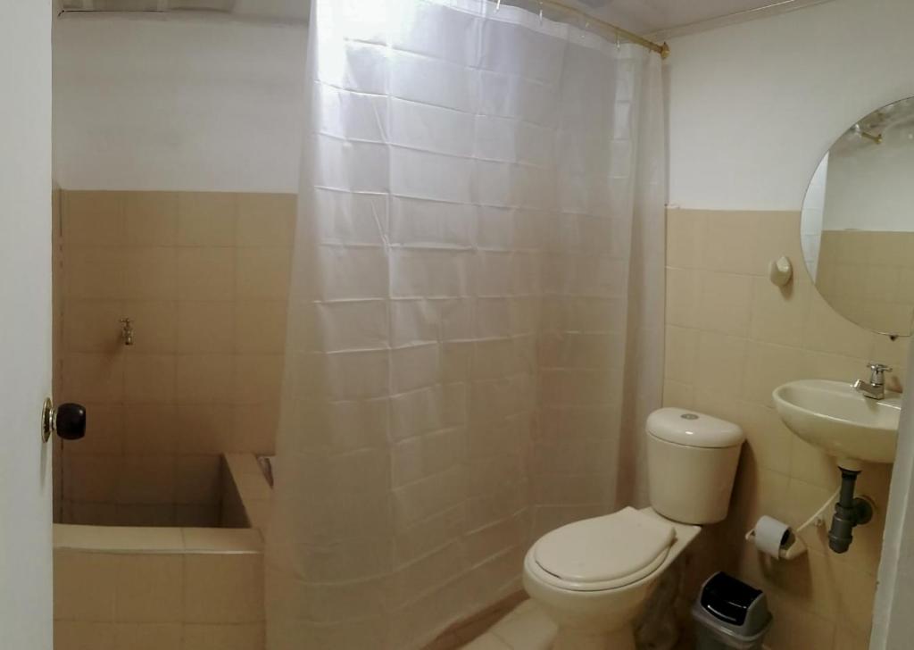 W łazience znajduje się toaleta, umywalka i prysznic. w obiekcie Aparta Estudios en la Plaza de Toros w mieście Bogota