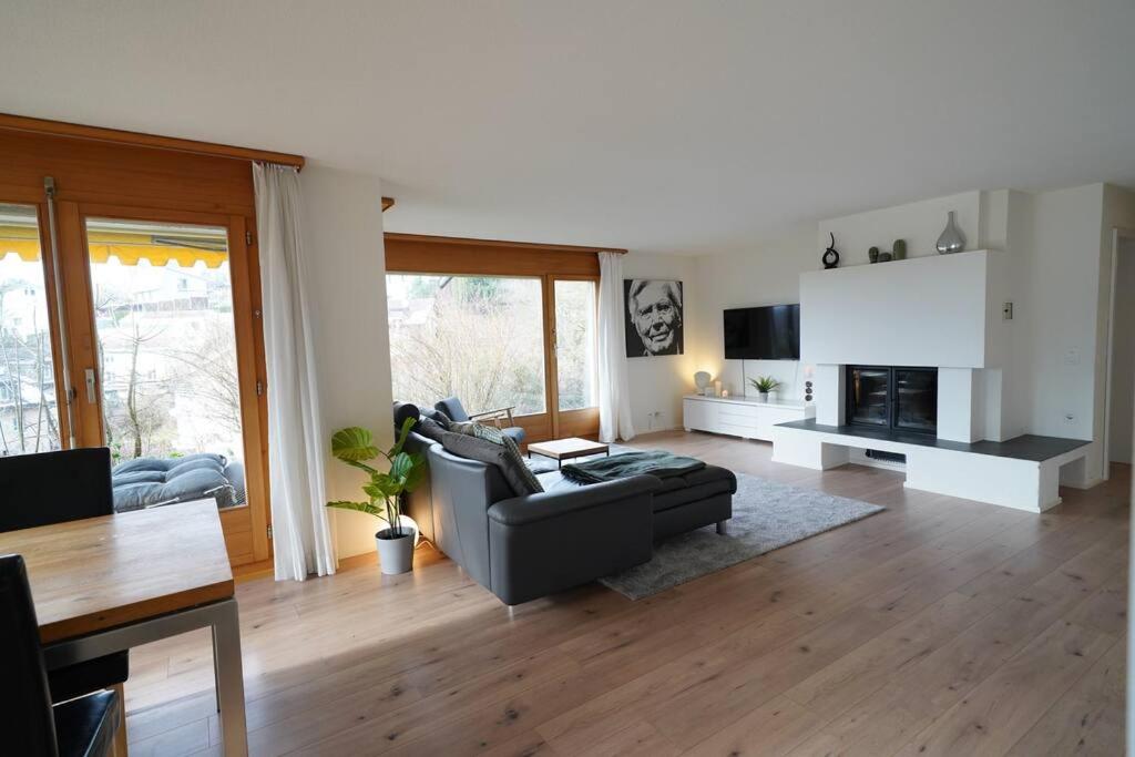 a living room with a couch and a fireplace at Sonniges Haus bei Bern in Herrenschwanden