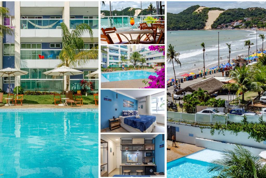 uma colagem de fotografias de um hotel com piscina e praia em Suíte PÉ NA AREIA com PISCINA, WIFI e ESTACIONAMENTO em PONTA NEGRA em Natal