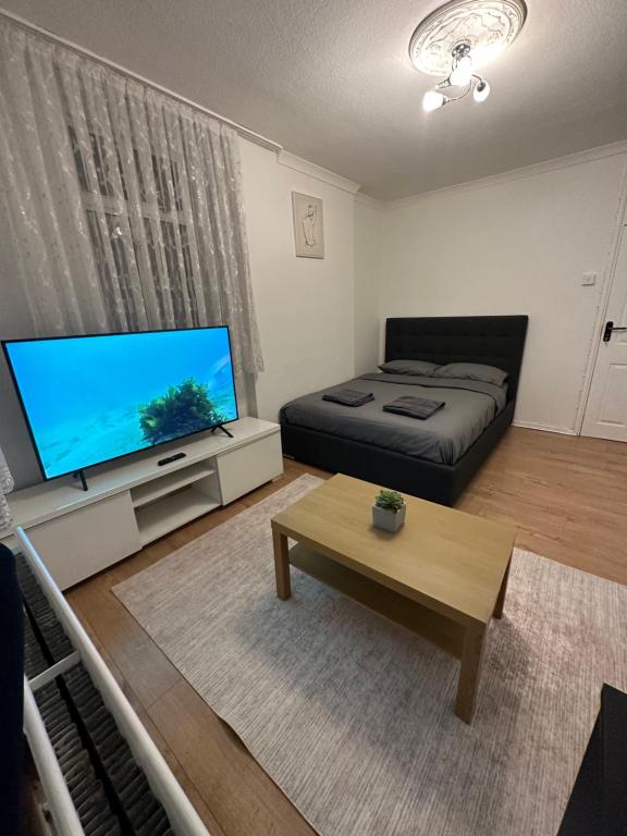 sala de estar con cama y TV de pantalla plana en Spacious Private Room in the heart of Dalston, Hackney en Londres