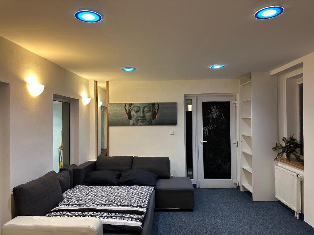 Buddha's Clubhouse - Relax Room with free parking and breakfast في براغ: غرفة معيشة مع أريكة وطاولة
