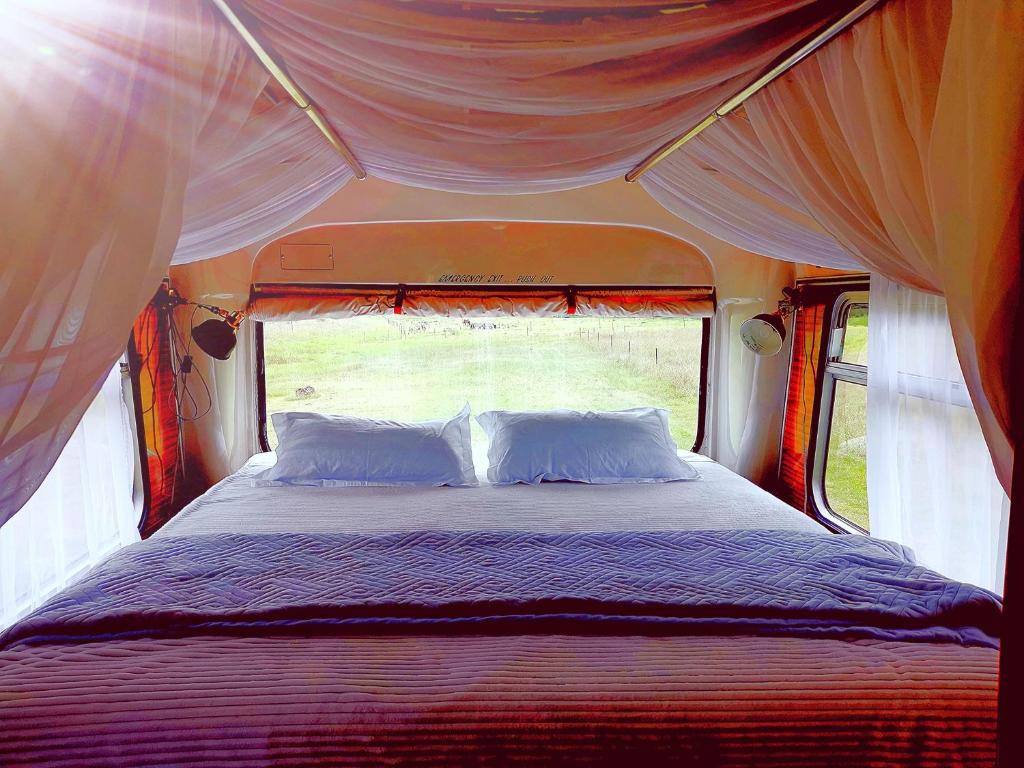 a bed in the back of a camper van at Bus home wonderwander farmstay in Raworth