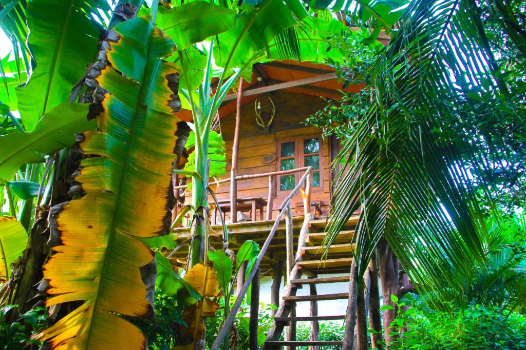 a tree house with a staircase in a forest at Kolon Resort Sigiriya in Sigiriya