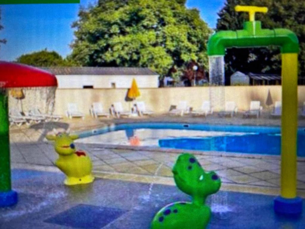 a swimming pool with two toy ducks in front of it at MOBIL HOME Clim BOOFZHEIM 6 PERSONNES 3 CHAMBRES LE RIED 3 ETOILES PROCHE EUROPA PARK in Boofzheim
