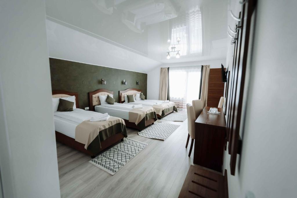アヴリグにあるPopasul Montanのベッド3台と窓が備わるホテルルームです。