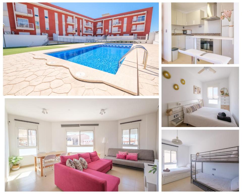 a collage of photos of a house with a swimming pool at Apartamento GELUM Delta del Ebro in Sant Jaume d'Enveja
