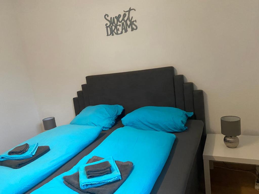 赫爾福德的住宿－Schöne Wohnung, Stadtnah & Campusnähe，两张带蓝色枕头的床和阅读甜梦的标志
