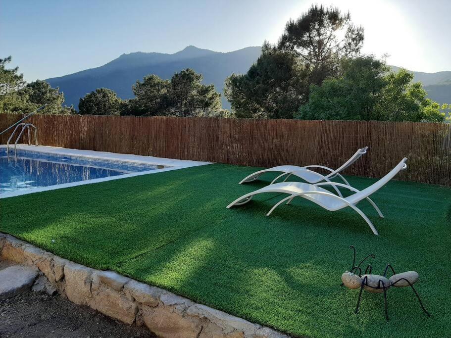 un césped con una escultura blanca junto a una piscina en Casa Balta, en Ávila
