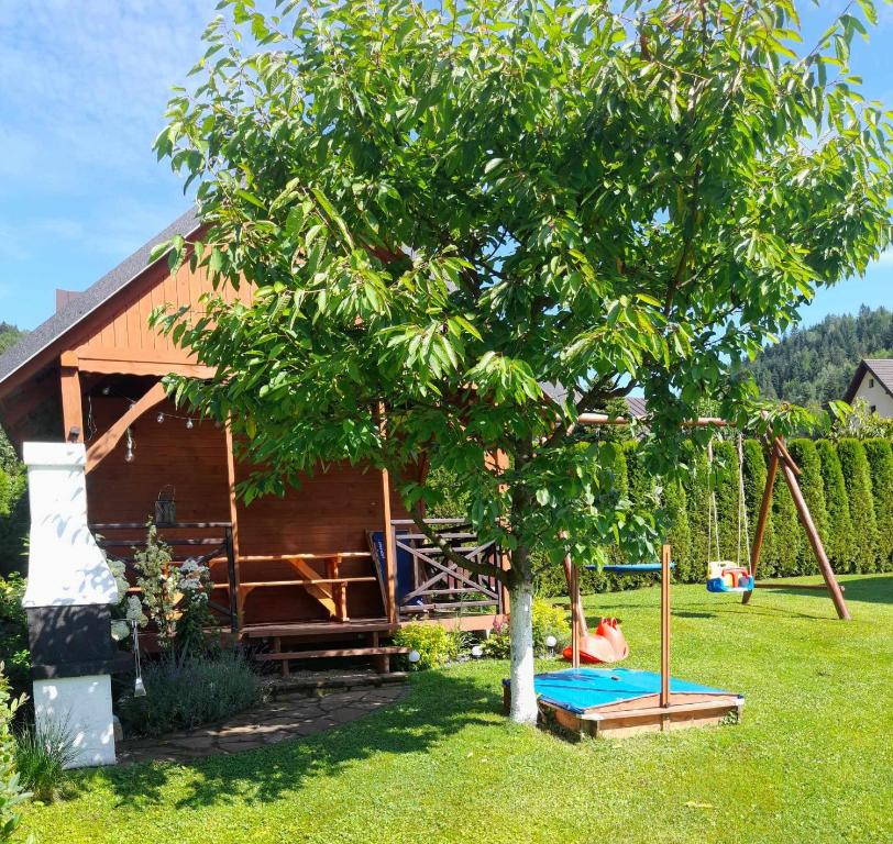 a house with a tree and a playground at Zakątek Pienin in Grywałd