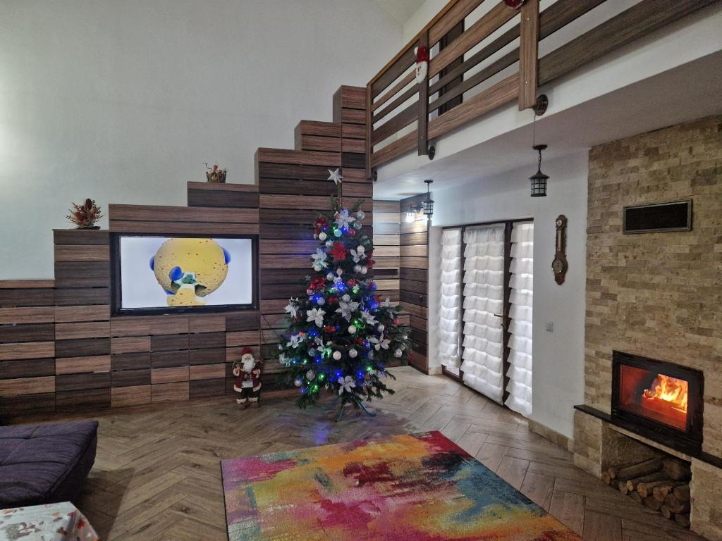 un árbol de Navidad en una sala de estar con chimenea en Casa din Izvor, en Tărlungeni