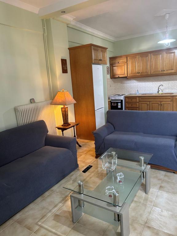 a living room with two blue couches and a table at Ambracian Gulf Comfort House in Menídion