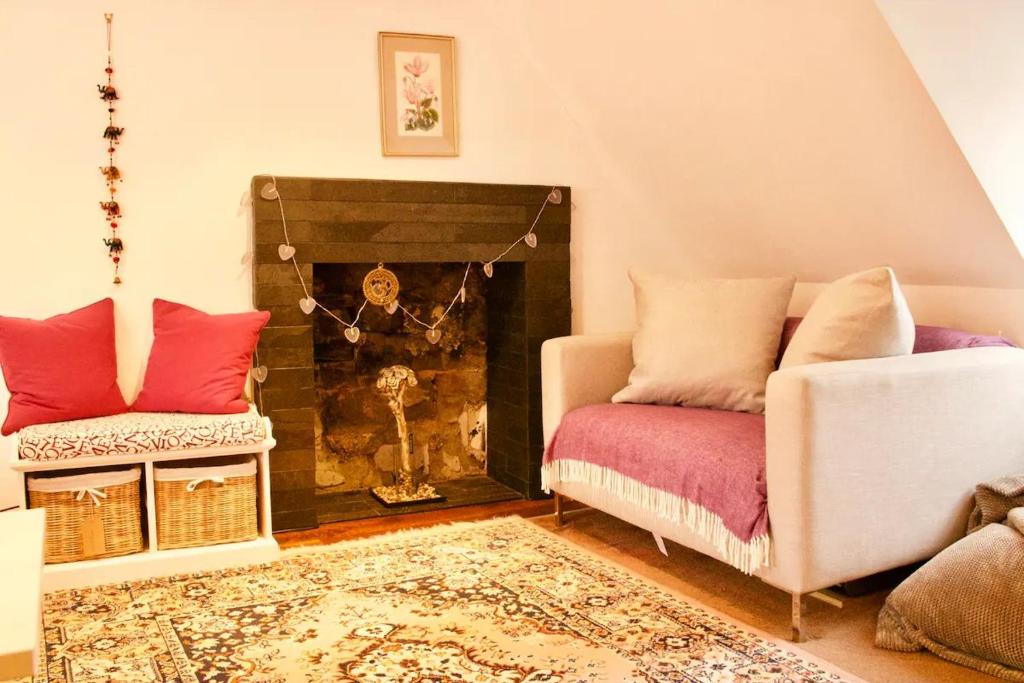 a living room with a couch and a fireplace at Pass the Keys Cosy Studio Apartment in Edinburgh
