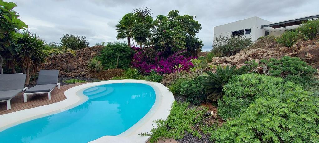a swimming pool in a garden next to a house at Private villa with pool in Lajares in Lajares