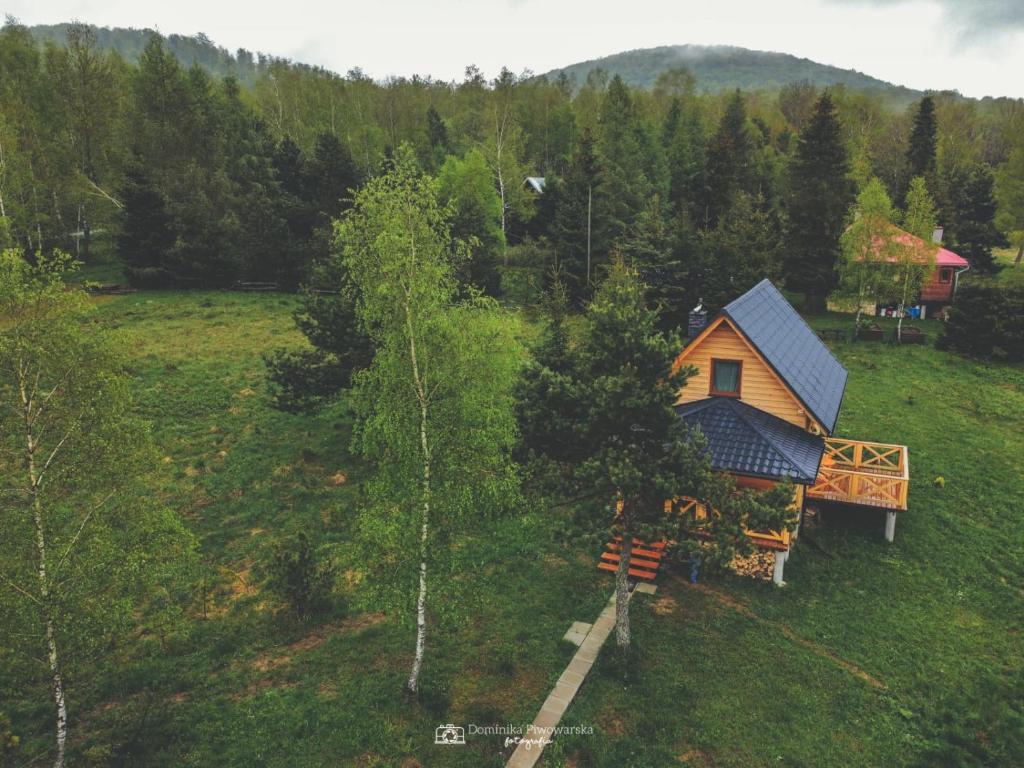 an aerial view of a house in a field at Markowa Chata in Cisna