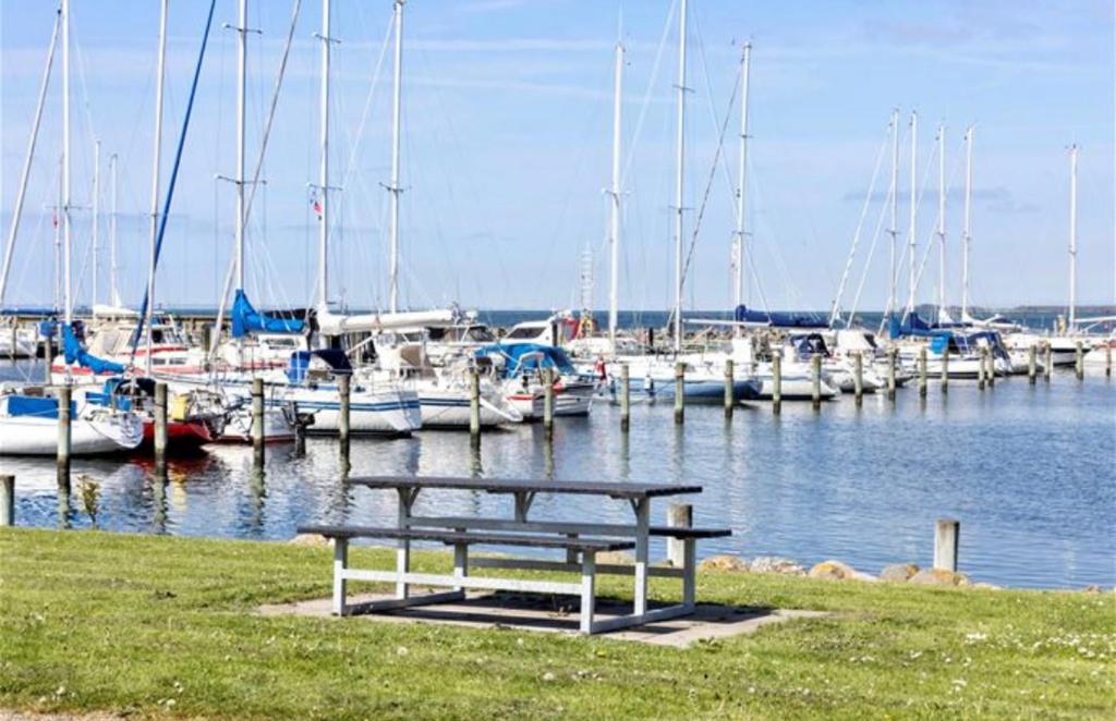 a picnic table in front of a marina with boats at Udsigten in Rudkøbing