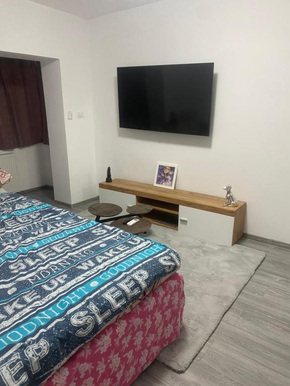 um quarto de hotel com uma cama e uma televisão de ecrã plano em Top House em Vaslui