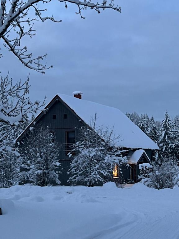 a barn covered in snow at night at Pie Ezerrozēm in Ķavari