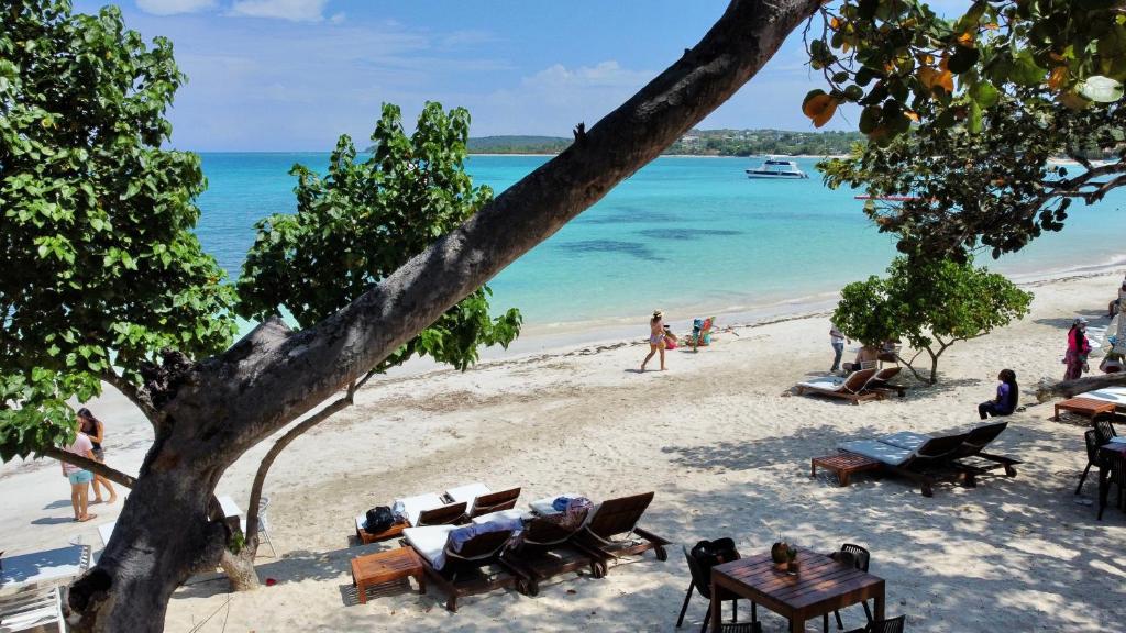 einen Strand mit Tischen und Stühlen und das Meer in der Unterkunft Blue Island Punta Rucia in Punta Rucia