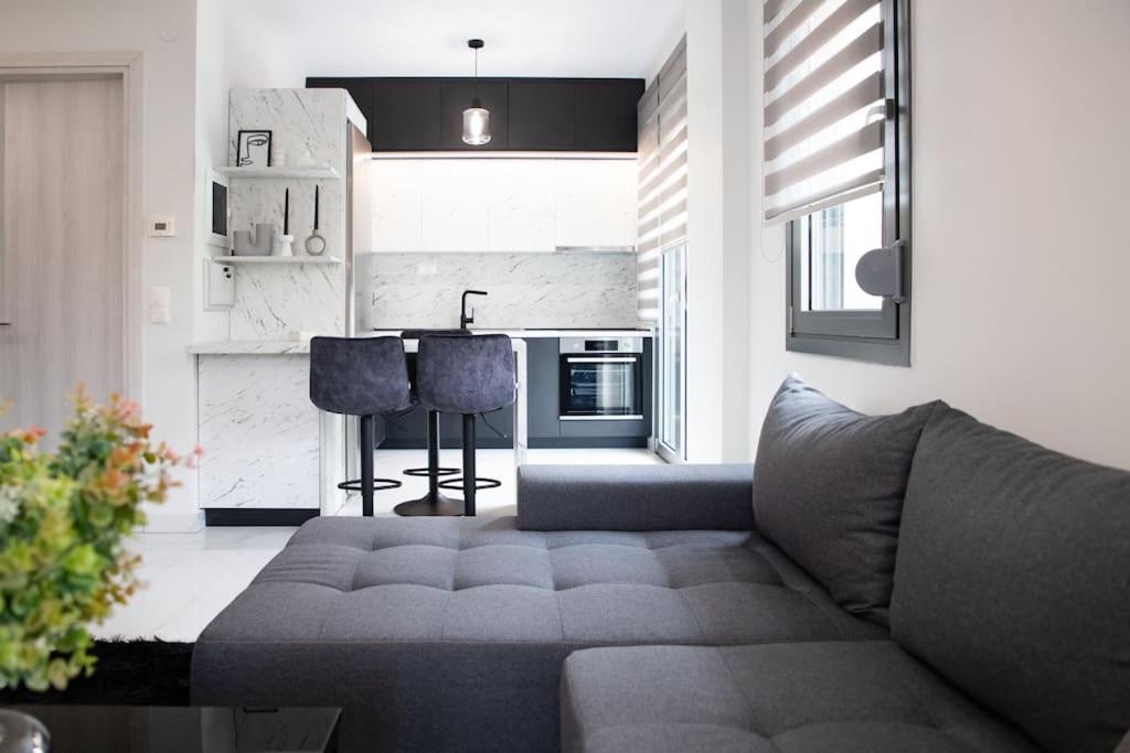 uma sala de estar com um sofá e uma cozinha em PARIS Opulent Lifestyle em Drama