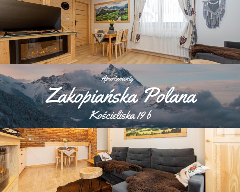 a living room with a couch and a fireplace at Apartamenty Zakopiańska Polana in Zakopane