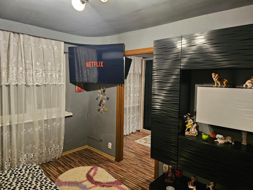 ein Wohnzimmer mit einem TV und einer Wand in der Unterkunft Cazare Bailesti in Băileşti