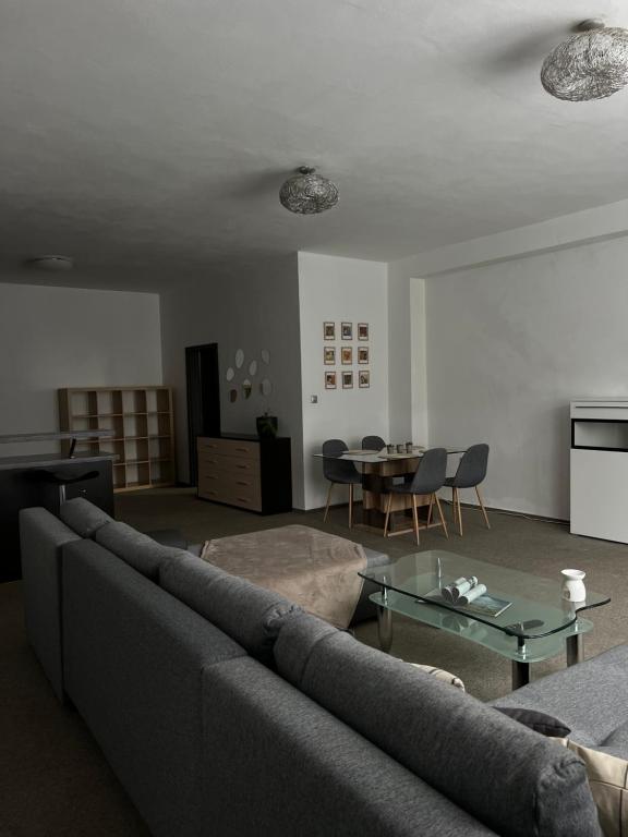 ein Wohnzimmer mit einem Sofa und einem Tisch in der Unterkunft Apartmány Rücon in Martin
