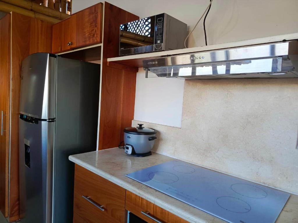聖克里斯托瓦爾的住宿－Casa Bambú Galápagos，厨房配有不锈钢冰箱和木制橱柜