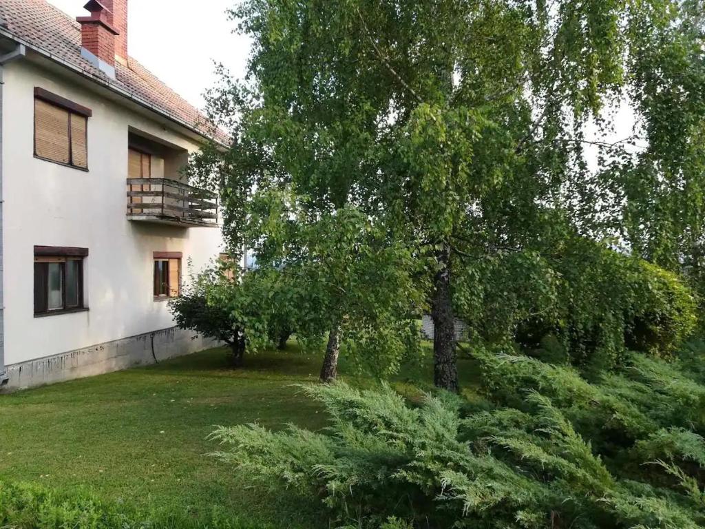 una casa con un patio con árboles y césped en Rajski metoh en Kosjerić