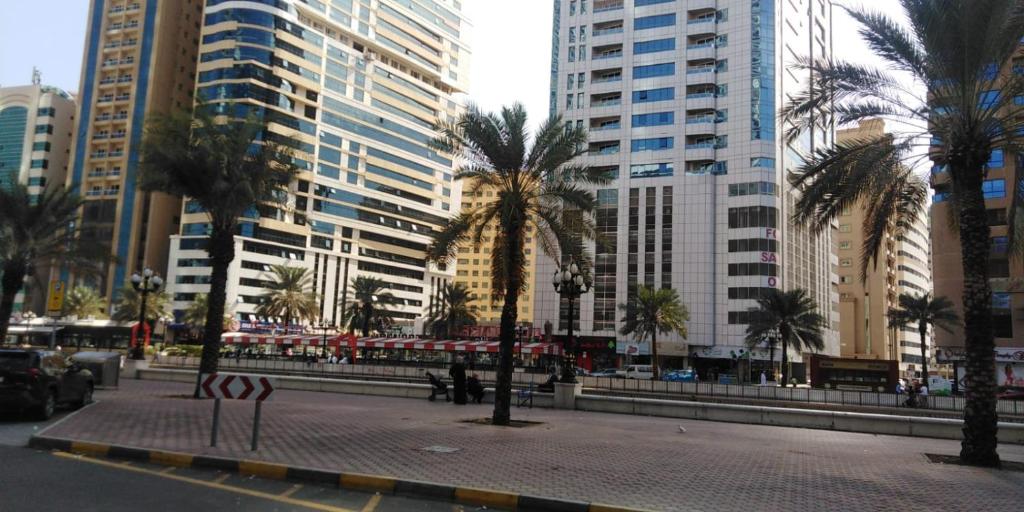 a city street with palm trees and tall buildings at Qasr El Massa in Sharjah