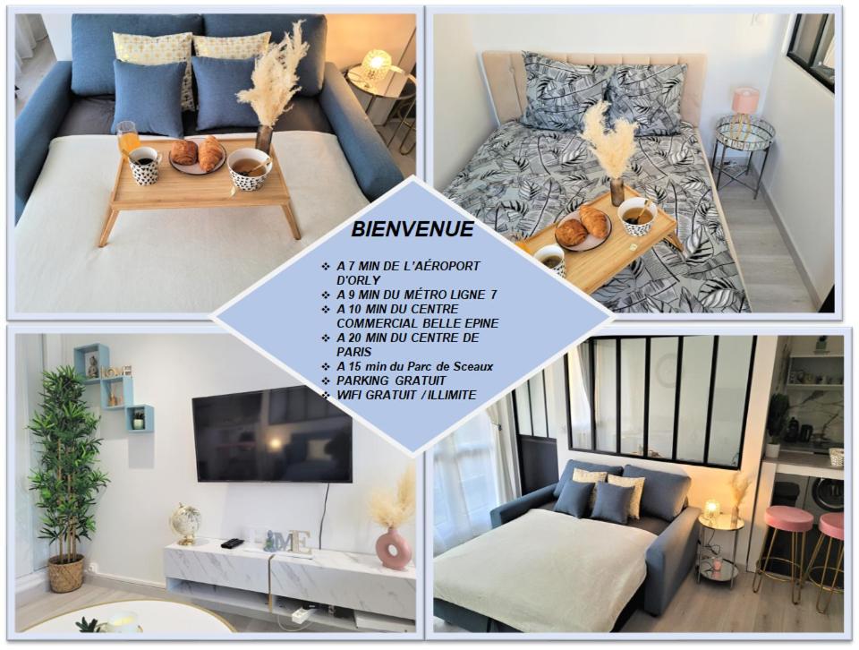 un collage de fotos de una sala de estar y un dormitorio en Splendide Appartement Proche Paris & Orly, en Chevilly-Larue