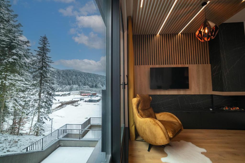 een woonkamer met een raam met uitzicht op de sneeuw bij Luxury Apartment 1984 in Bjelašnica