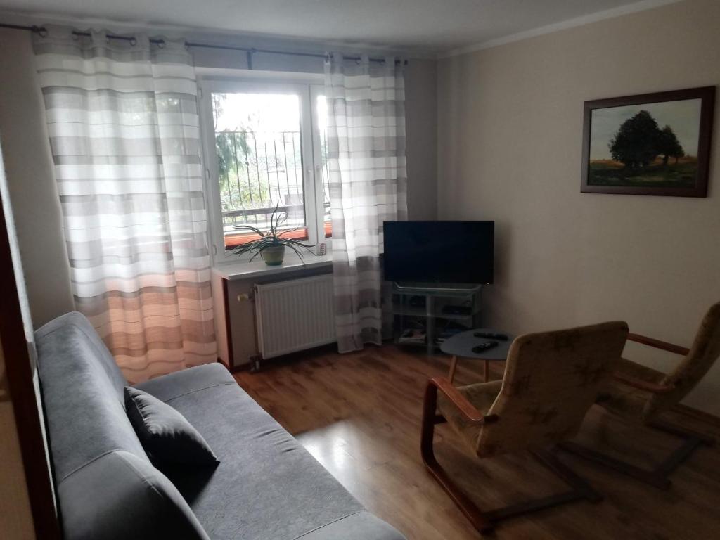 uma sala de estar com um sofá e uma televisão em Emilka em Suwałki