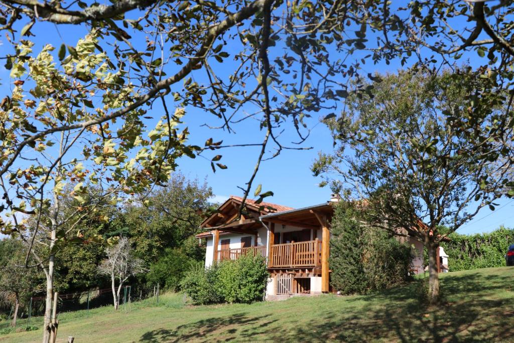 OssèsにあるMaison de vacances vue exceptionnelle sur les montagnes basqueの手前の木々が茂る丘の上の家