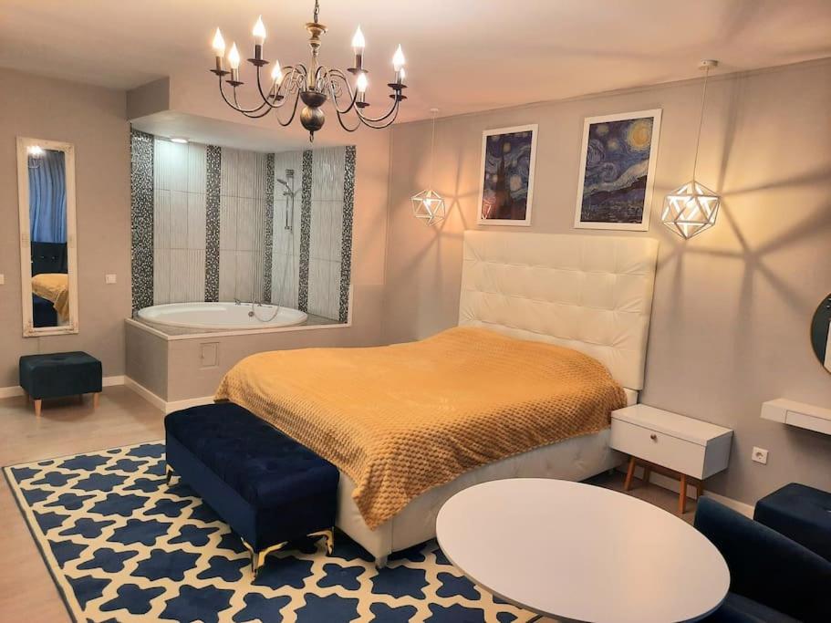 1 dormitorio con cama y bañera en Romantic Jacuzzi Luxury Apartment, en Sinaia