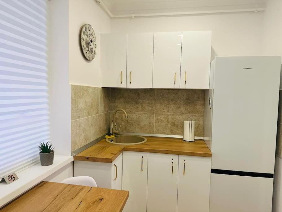 a kitchen with white cabinets and a sink at CozyApartment14 in Roşu