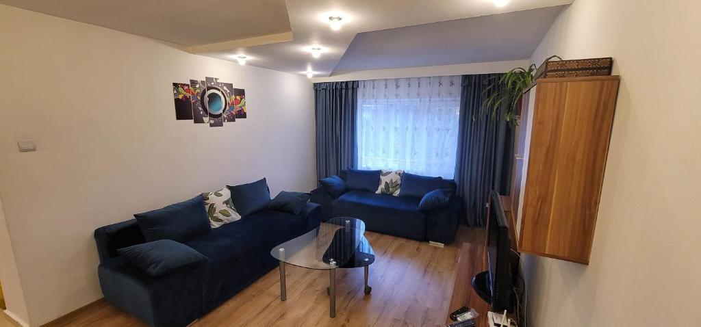 uma sala de estar com dois sofás azuis e uma mesa em Alia em Oradea