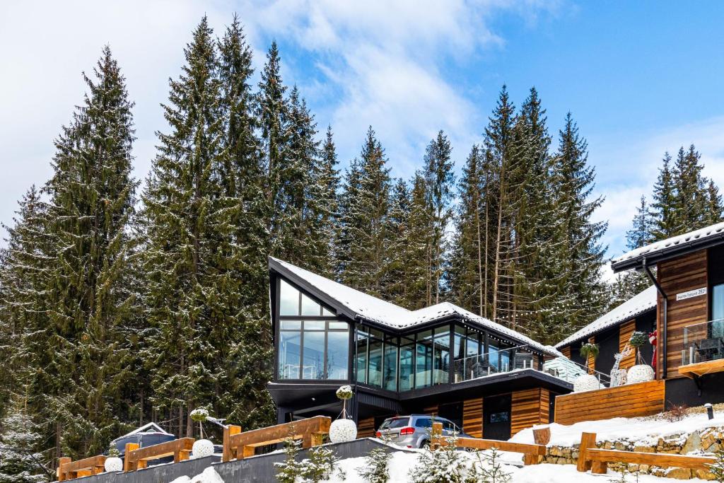 uma casa na neve com árvores em Шишка em Bukovel