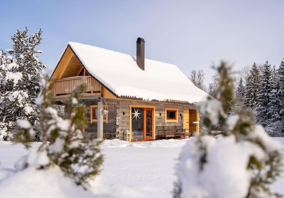 una cabaña de madera en la nieve con nieve en Kakerdaja Private Sauna, en Vose