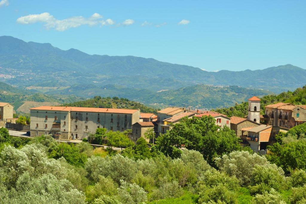 Sessa CilentoにあるCasa Vacanze Santa Luciaの山を背景にした丘の上の村