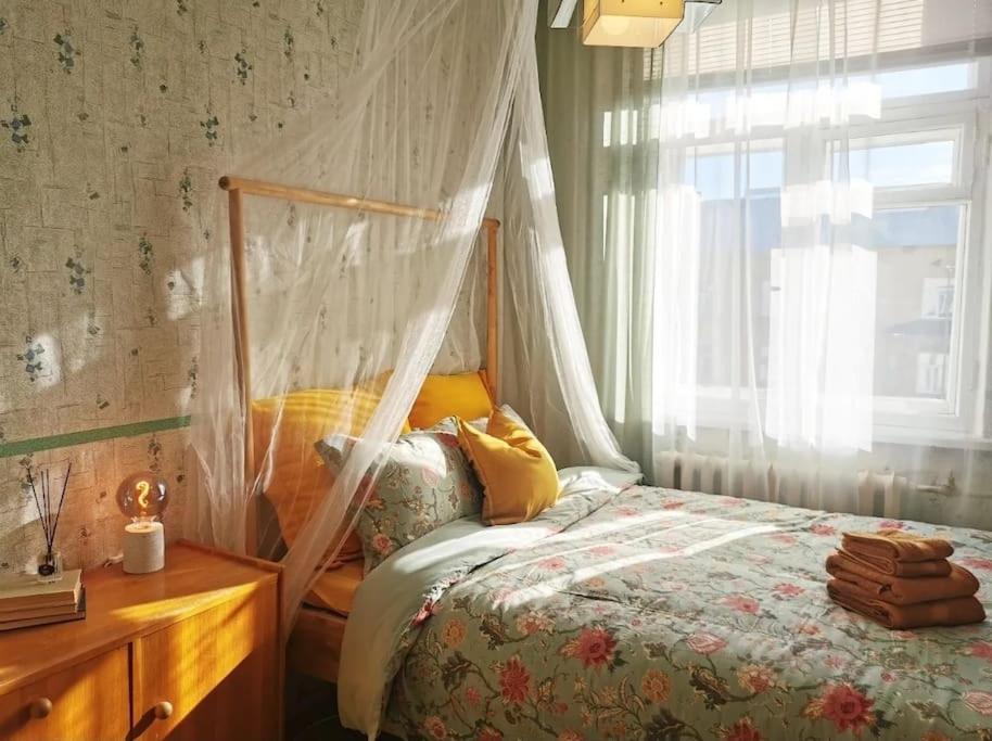 1 dormitorio con cama con dosel, vestidor y ventana en Retro Apartment in Kiviõli, en Kiviõli